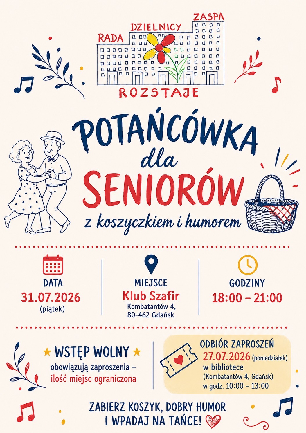 Potańcówka dla Seniorów organizowana przez Radę Dzielnicy Zaspa Rozstaje, 31-07-2026, 18:00-21:00, Klub Szafir, Gdańsk